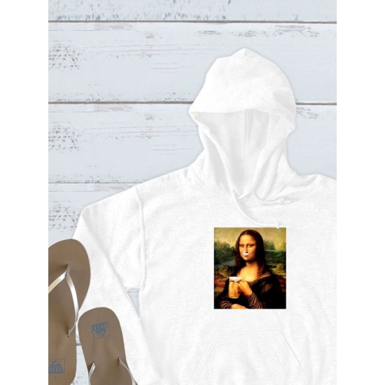 Худи с принтом leonardo da vinci Мона лиза с пивом оверсайз белое. Худи унисекс с приколом в стиле кэжуал для молодежи.