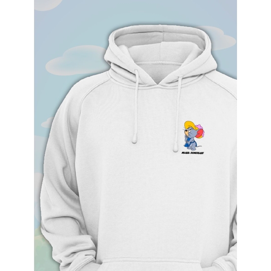 Худи парное для влюбленных с прикольной надписью "Мышь поменьше" белое женское. Худи с принтом Том и Джерри для пар и молодоженов кэжуал.