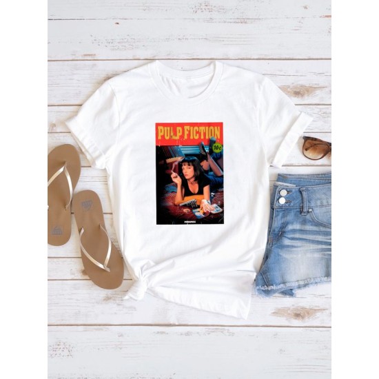 Футболка криминальное чтиво pulp fiction y2k style с принтом 90 s vibe в стиле 90 х aesthetic мода образ 90х ретро эстетика, белая женская и мужская стрит стайл прикольная андеграунд одежда кэжуал.