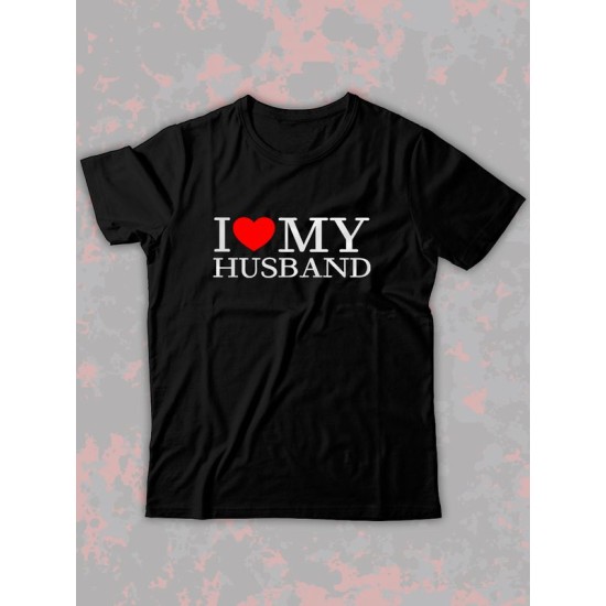 Парная футболка для двоих влюбленных на свадьбу "I love my husband" черная женская. Футболка с принтом "Я люблю своего мужа" для пар и для молодоженов.