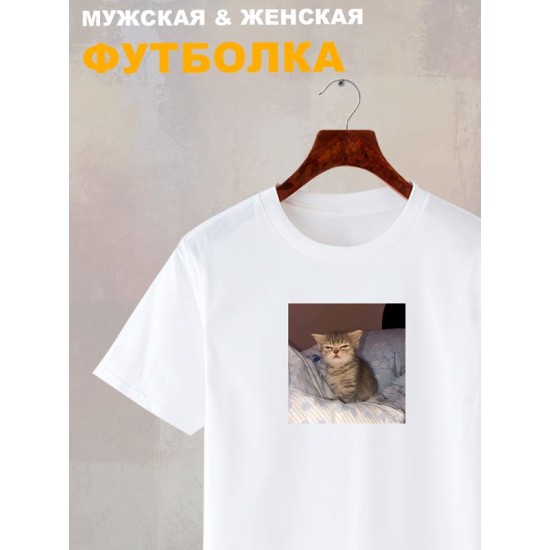 Футболка с принтом Котенок оверсайз белая. Футболка унисекс с прикольным рисунком Сонный кот в стиле кэжуал.