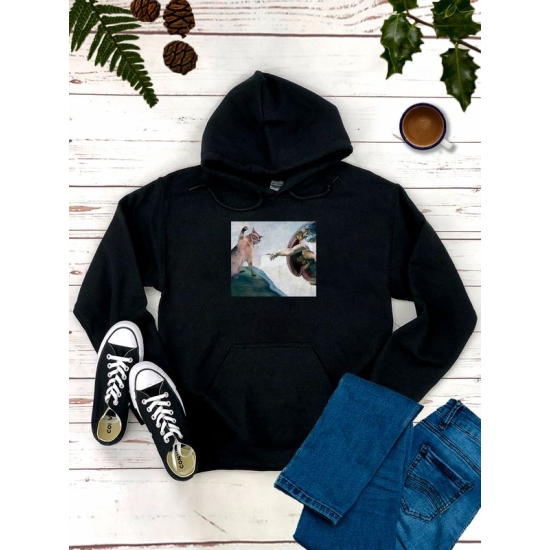 Худи с принтом "Сотворение Адама" оверсайз черное. Худи с котом и прикольным рисунком в стиле кэжуал y2k для молодежи.