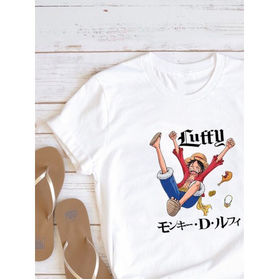 Футболка луффи ван пис и аниме One piece Luffy с принтом retro anime aesthetic эстетика в стиле ретро с японскими иероглифами, белая женская и мужская прикольная андеграунд одежда кэжуал casual y2k.