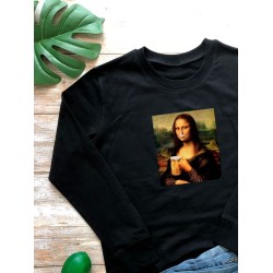 Свитшот с принтом leonardo da vinci Мона лиза с пивом оверсайз черный. Свитшот унисекс с приколом в стиле кэжуал для молодежи.