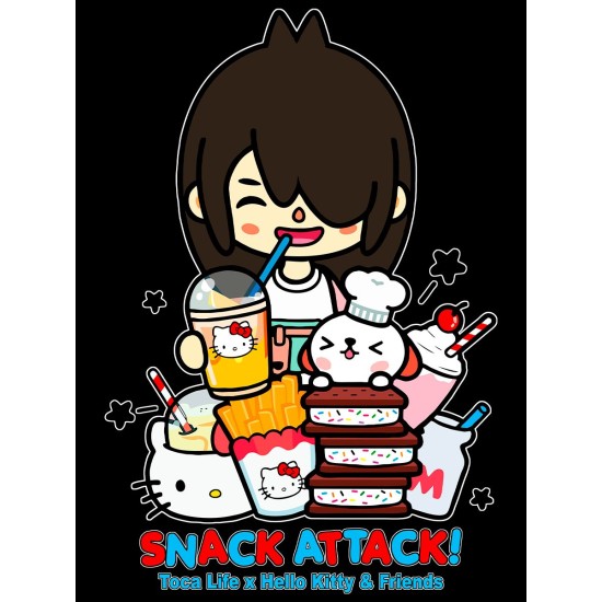 Сумка шоппер с принтом Toca Boca and Hello Kitty и прикольной надписью snack attack. Детский шоппер Тока Бока и Хеллоу Китти для мальчика и девочки. Тканевая сумка подростковая на плечо кежуал.