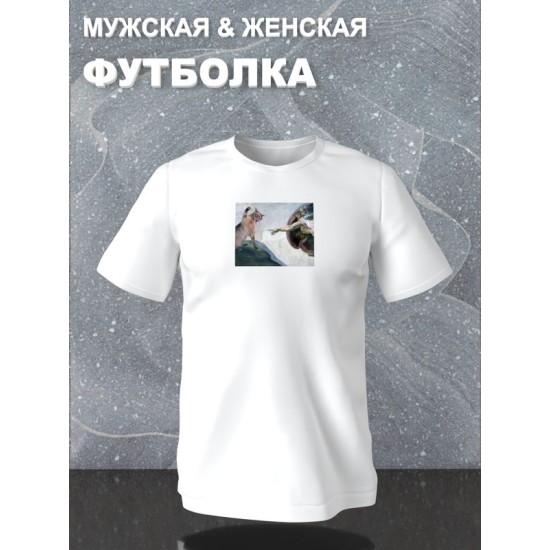 Футболка с принтом "Сотворение Адама" оверсайз белая. Футболка с котом и прикольным рисунком в стиле кэжуал y2k для молодежи.