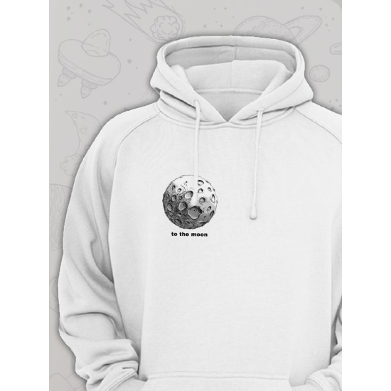 Худи парное для влюбленных на День святого Валентина с прикольной надписью "To the moon and back" белое женское. Худи с принтом Луна для пар и молодоженов на 14 февраля кэжуал.