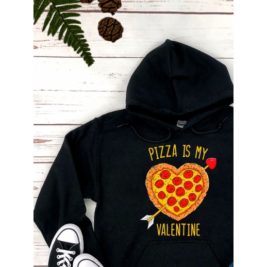 Худи с принтом Пицца на День Валентина оверсайз черное. Худи унисекс c прикольной надписью Valentine и картинкой pizza на День святого Валентина в стиле street style для молодежи.