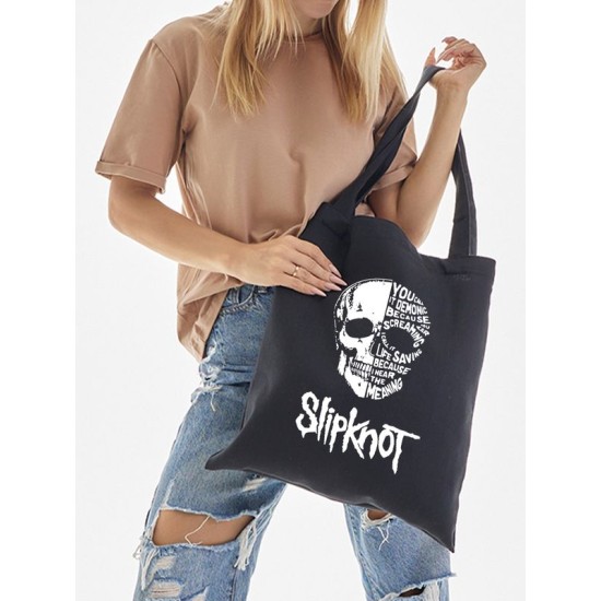Шоппер slipknot с черепом слипкнот с принтом надписью рок металл мерч музыка music черный, прикольная стритстайл сумка для шопинга и покупок тканевая мужская и женская андеграунд кэжуал underground.