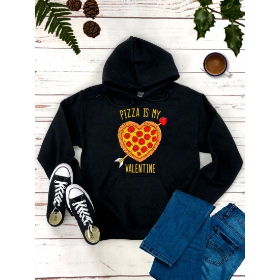Худи с принтом Пицца на День Валентина оверсайз черное. Худи унисекс c прикольной надписью Valentine и картинкой pizza на День святого Валентина в стиле street style для молодежи.
