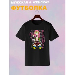 Футболка demon slayer клинок рассекающий демонов Мицури с принтом аниме anime girl hentai истребитель демонов столп любви с японскими иероглифами, черная женская мужская стрит стайл y2k одежда кэжуал.