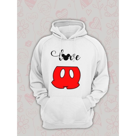 Худи парное для двоих влюбленных на свадьбу с Микки Маусом белое мужское. Худи с принтом "Love, любовь" с Mickey Mouse для пар и для молодоженов.