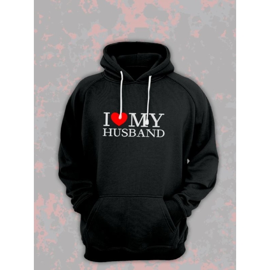 Худи парное для двоих влюбленных на свадьбу "I love my husband" черное женское. Худи с принтом "Я люблю своего мужа" для пар и для молодоженов.