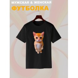 Футболка с принтом Кот оверсайз черная. Футболка унисекс с рисунком Котенок в стиле кэжуал.