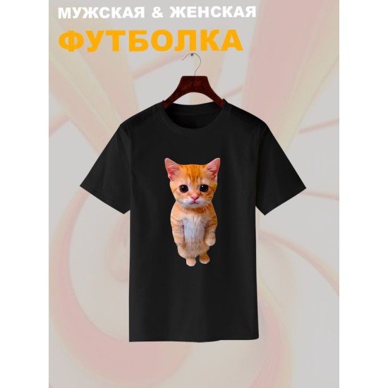 Футболка с принтом Кот оверсайз черная. Футболка унисекс с рисунком Котенок в стиле кэжуал.