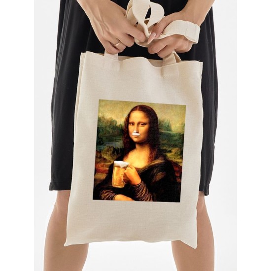 Шоппер с принтом leonardo da vinci Мона лиза с пивом бежевый. Шоппер с приколом в стиле кэжуал для молодежи.