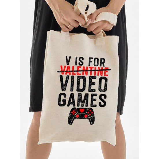 Шоппер с принтом Valentine на День Валентина бежевый. Шоппер из ткани с надписью Video games в стиле street style для молодежи.