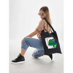 Шоппер лягушка Пепе и лягушонок на унитазе мем и прикол с принтом pepe frog meme черный, стритстайл мемная сумка для шопинга и покупок тканевая женская и мужская кэжуал стрит стайл y2k style casual.
