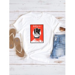 Футболка аниме с котом и каваи с принтом kawai kawaii anime cat kitty retro vintage Japan aesthetic Japanese style котик с японскими иероглифами, белая женская и мужская прикольная y2k одежда кэжуал.