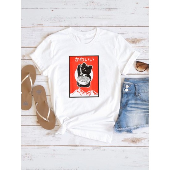 Футболка аниме с котом и каваи с принтом kawai kawaii anime cat kitty retro vintage Japan aesthetic Japanese style котик с японскими иероглифами, белая женская и мужская прикольная y2k одежда кэжуал.