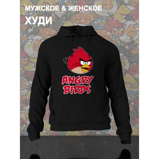 Худи парное для двоих влюбленных на свадьбу "Angry birds, злые птицы" черное мужское. Худи с принтом "Энгри Бердз, красная птичка" для пар и для молодоженов.