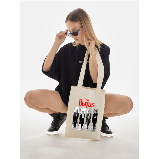 Шоппер бежевый с принтом Beatles Рок группа. Сумка для шопинга на плечо тканевая, мужская и женская.