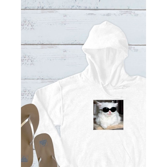 Худи с принтом Кот в очках оверсайз белое. Худи унисекс с прикольным рисунком в стиле кэжуал.
