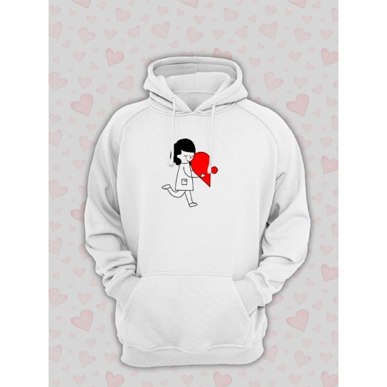 Худи парное на День святого Валентина белое женское. Худи с принтом "Влюбленная девушка и красное сердечко" для пар и молодоженов на 14 февраля, аниме в стиле чиби.