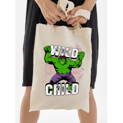 Сумка шоппер с героем Халк и прикольной надписью wild child. Детский шоппер с принтом Hulk из Marvel comics для мальчика и девочки. Тканевая сумка подростковая для шопинга с длинными ручками.