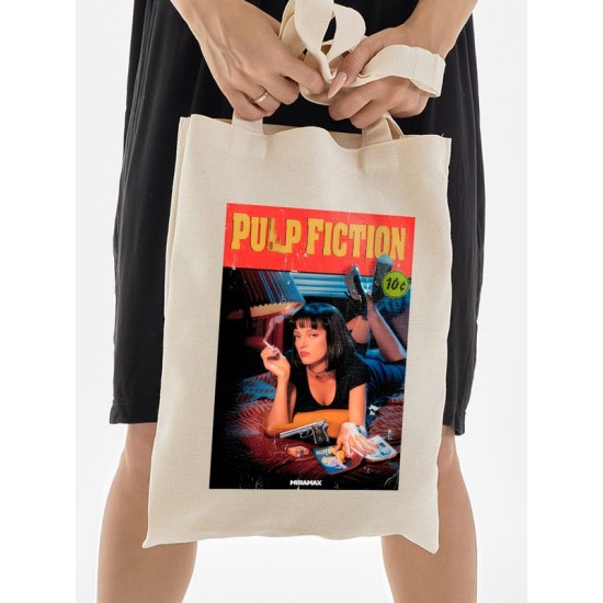 Шоппер криминальное чтиво pulp fiction y2k с принтом в стиле 90 х 90х 90s aesthetic ретро эстетика бежевый, стритстайл сумка для шопинга и покупок тканевая женская и мужская андеграунд кэжуал casual.