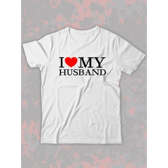 Парная футболка для двоих влюбленных на свадьбу " love my husband" белая женская. Футболка с принтом "Я люблю своего мужа" для пар и для молодоженов.