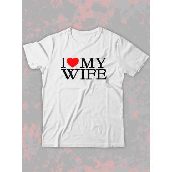 Парная футболка для двоих влюбленных на свадьбу "I love my wife" белая мужская. Футболка с принтом "Я люблю свою жену" для пар и для молодоженов.