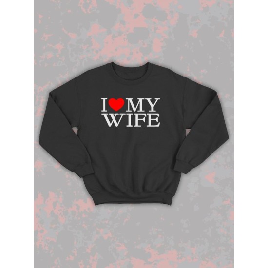 Парный свитшот для двоих влюбленных на свадьбу "I love my wife" черный мужской. Свитшот с принтом "Я люблю свою жену" для пар и для молодоженов.