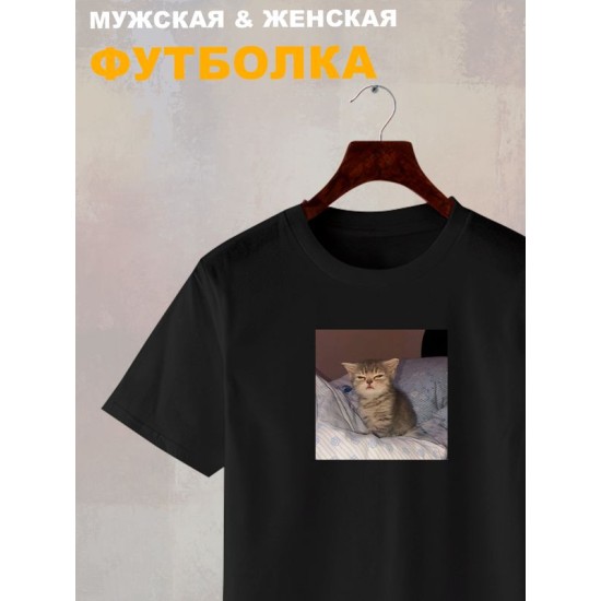 Футболка с принтом Котенок оверсайз черная. Футболка унисекс с прикольным рисунком Сонный кот в стиле кэжуал.