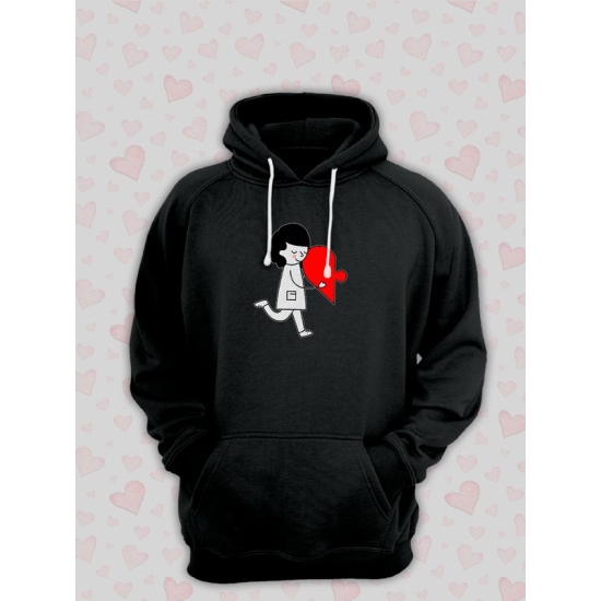Худи парное на День святого Валентина черное женское. Худи с принтом "Влюбленная девушка и красное сердечко" для пар и молодоженов на 14 февраля, аниме в стиле чиби.