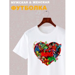 Футболка с принтом Персонажи Марвел на День Валентина оверсайз белая. Футболка унисекс с картинкой сердце и надписью Marvel в стиле кэжуал для молодежи.