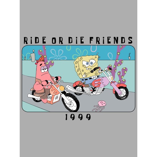 Футболка с героем Губка Боб и прикольной надписью ride or die friends. Футболка детская с принтом Spongebob для мальчика и девочки. Одежда для детей и подростков стрит стайл кежуал.