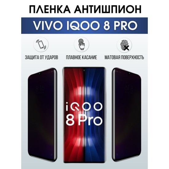 Защитная гидрогелевая пленка для смартфона Vivo IQOO 8 pro. Полиуретановая плёнка антишпион на мобильный телефон, для защиты экрана.