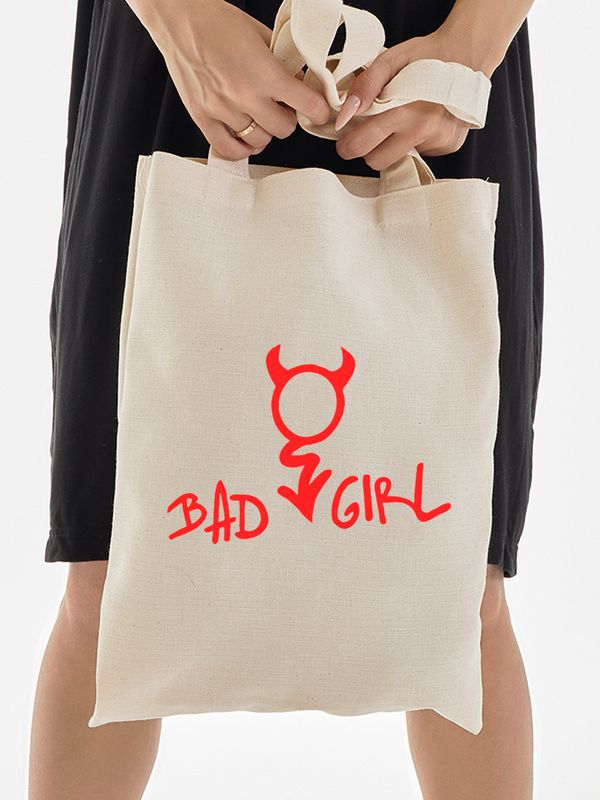 Шоппер с приколами bad girl с принтом надписью и рисунком devil черт и дьявол с чертиком бежевый