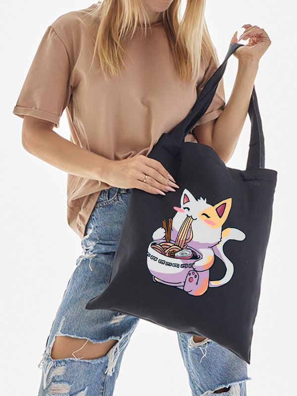 Шоппер аниме котик и рамен japan maneki neko с принтом ramen anime cat kawaii в стиле kawai каваи кот черный, стритстайл сумка для шопинга и покупок тканевая женская и мужская андеграунд y2k кэжуал.