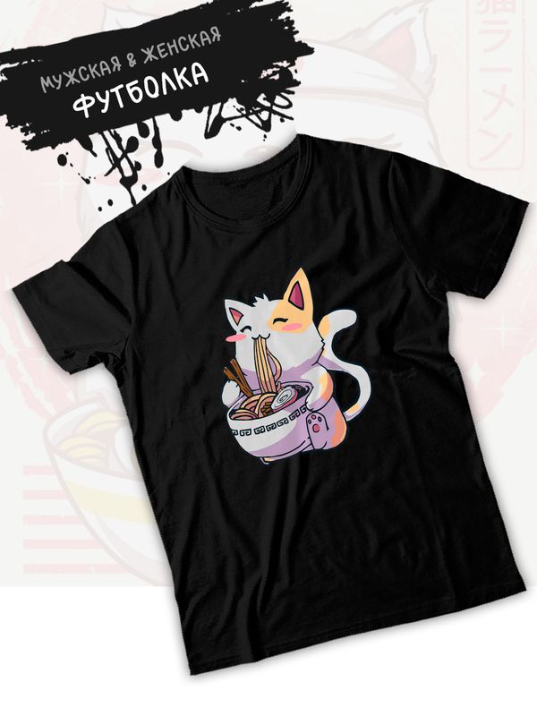 Футболка аниме котик и рамен japan maneki neko с принтом