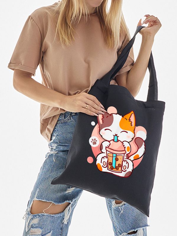Шоппер аниме каваи котик japan maneki neko с принтом anime cat kawaii кот и бабл ти bubble tea kawai черный, стритстайл сумка для шопинга и покупок тканевая женская и мужская андеграунд y2k кэжуал.