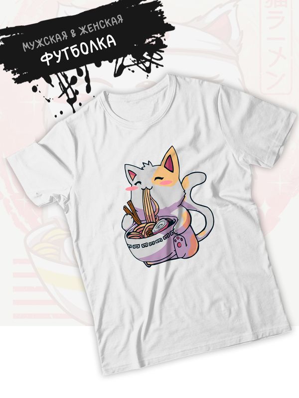 Футболка аниме котик и рамен japan maneki neko с принтом