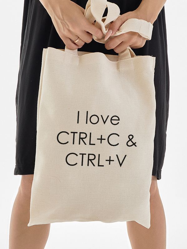 Шоппер с приколами I love ctrl c ctrl v с принтом и надписью программирование бежевый