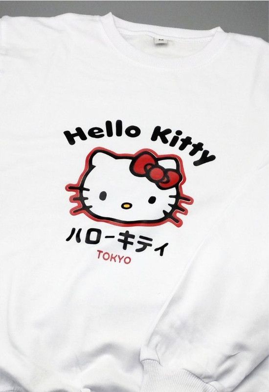 Свитшот Hello Kitty белый женский Аниме Куроми оверсайз дрейн толстовка без капюшона с принтом Хелло Китти геншин импакт однотонная с надписью Хело Кити с рисунком с котом bts токийские мстители