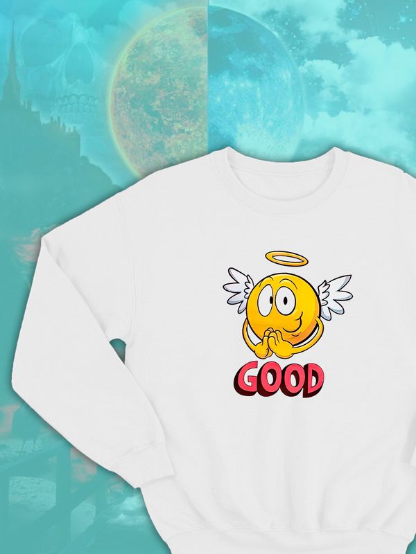 Парные свитшоты ангел ангелок good angel белая женская с принтом дьявол и хороший смайл для влюбленных пар парня и девушки, двоих подруг и друзей, мемная, парная одежда underground y2k оверсайз Парные свитшоты ангел ангелок good angel белая женская с принтом дьявол и хороший смайл для влюбленных пар парня и девушки, двоих подруг и друзей, мемная, парная одежда underground y2k оверсайз