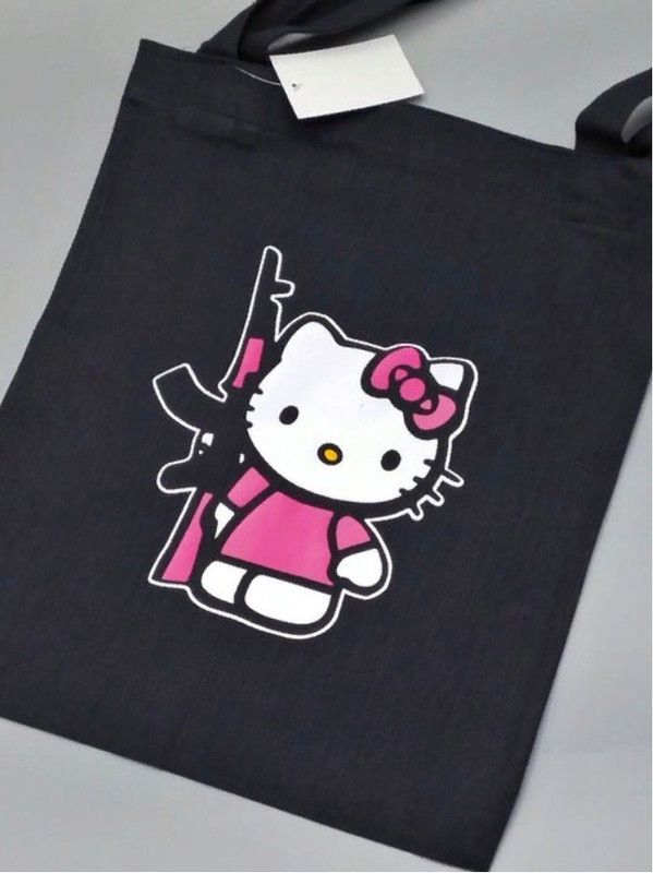 Сумка шоппер черный Аниме Hello Kitty Куроми дрейн тканевая с принтом Хелло Китти геншин импакт однотонный мягкий большая с надписью Хело Кити через плечо с котом bts токийские мстители