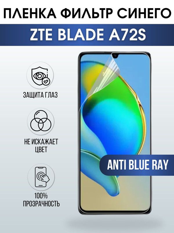 Защитная гидрогелевая пленка для смартфона ZTE Blade a72s. Полиуретановая плёнка anti blue ray на мобильный телефон ЗТЕ Блейд а72с, для защиты экрана.