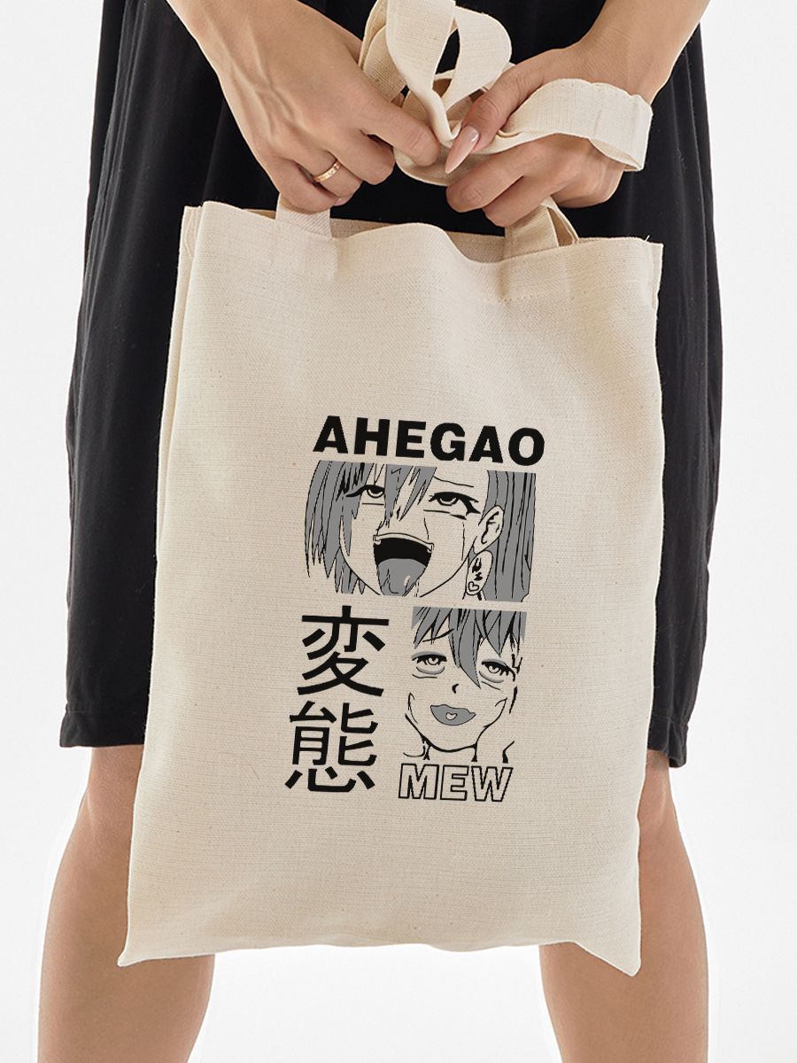 Бежевая сумка-шоппер, хлопок, с принтом аниме Ahegao mew хентай.