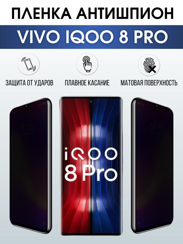 Защитная гидрогелевая пленка для смартфона Vivo IQOO 8 pro. Полиуретановая плёнка антишпион на мобильный телефон, для защиты экрана.